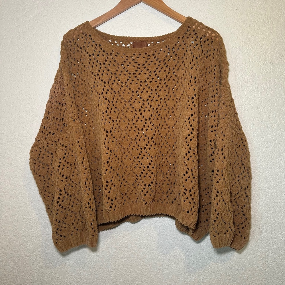 POL Womens Large Open Knit Sweater Crochet Brown Boho Festival Chunky Oversized